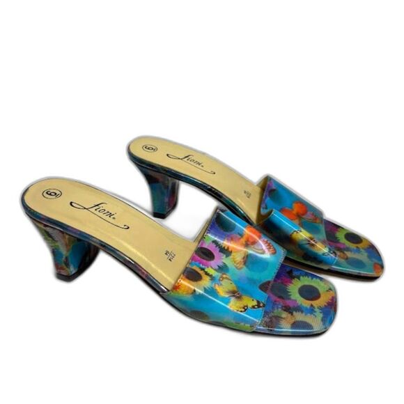 Fioni VTG 90s Heels 3d Holographic Size 6 Blue Daisy Butterfly y2k rave mule - Picture 1 of 5